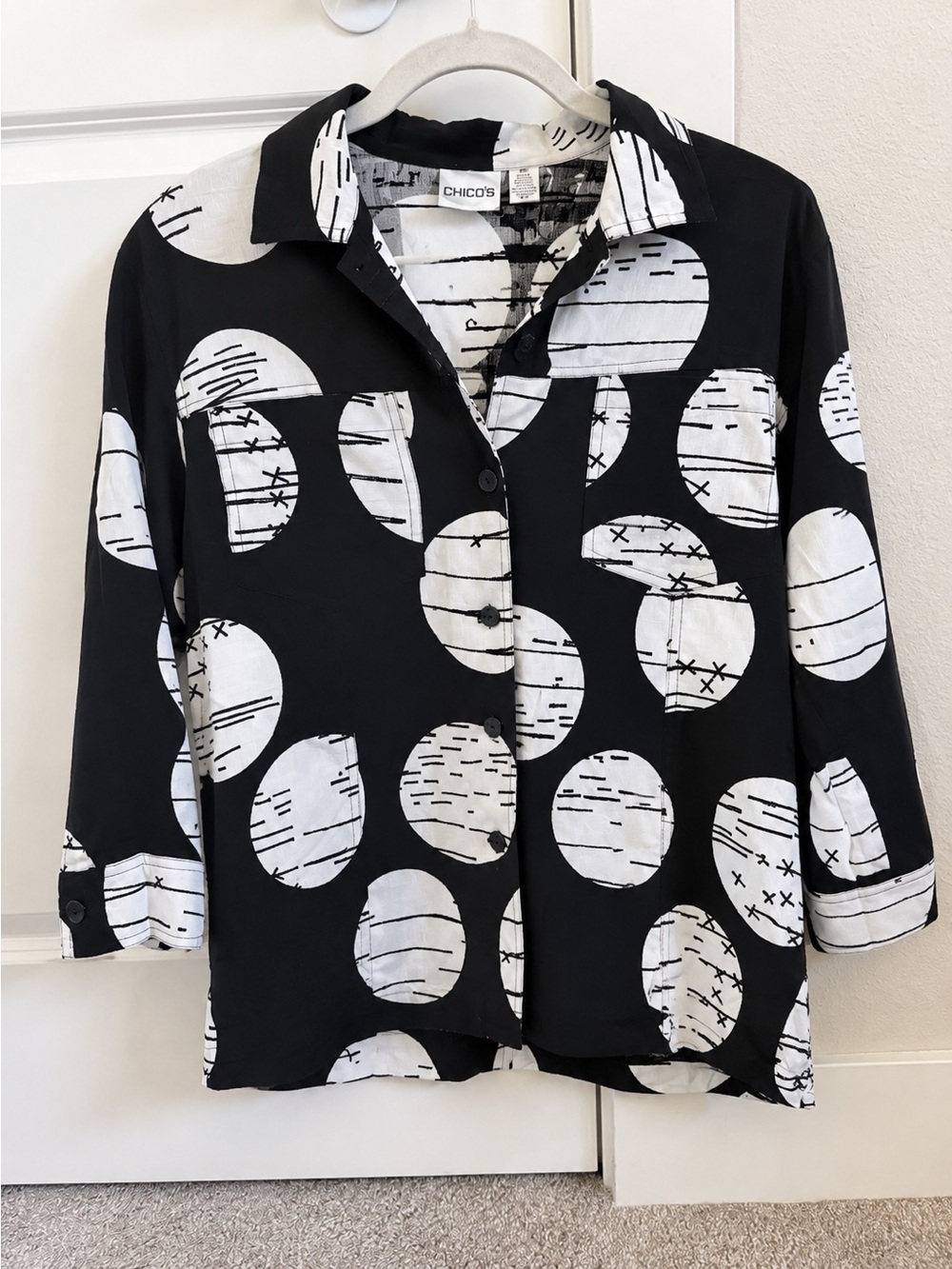 Vintage Silk Linen Boxy Black and White Button Down 1990s size M